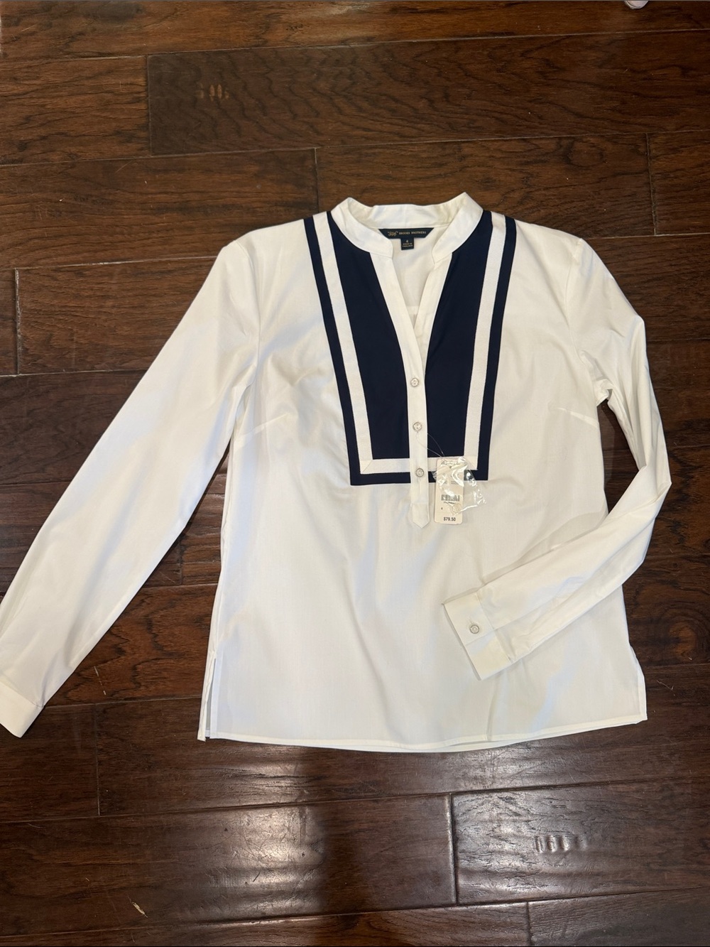 Brooks Brothers White Button-Down Blouse with Navy Bib Trim